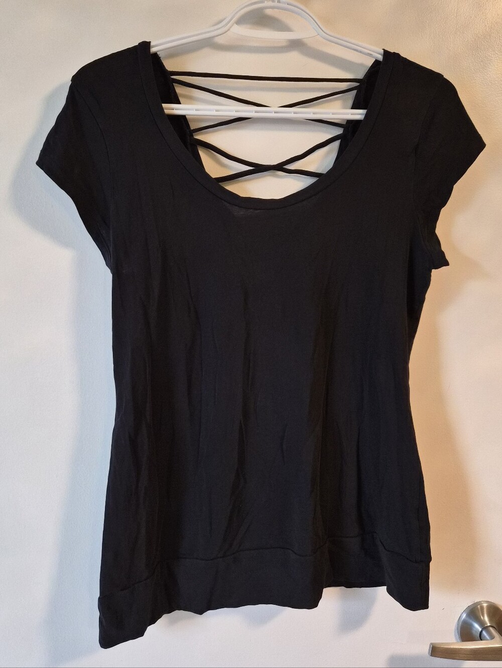 Splash Black Short Sleeve Scoop Neck Top with Crisscross Strappy Back